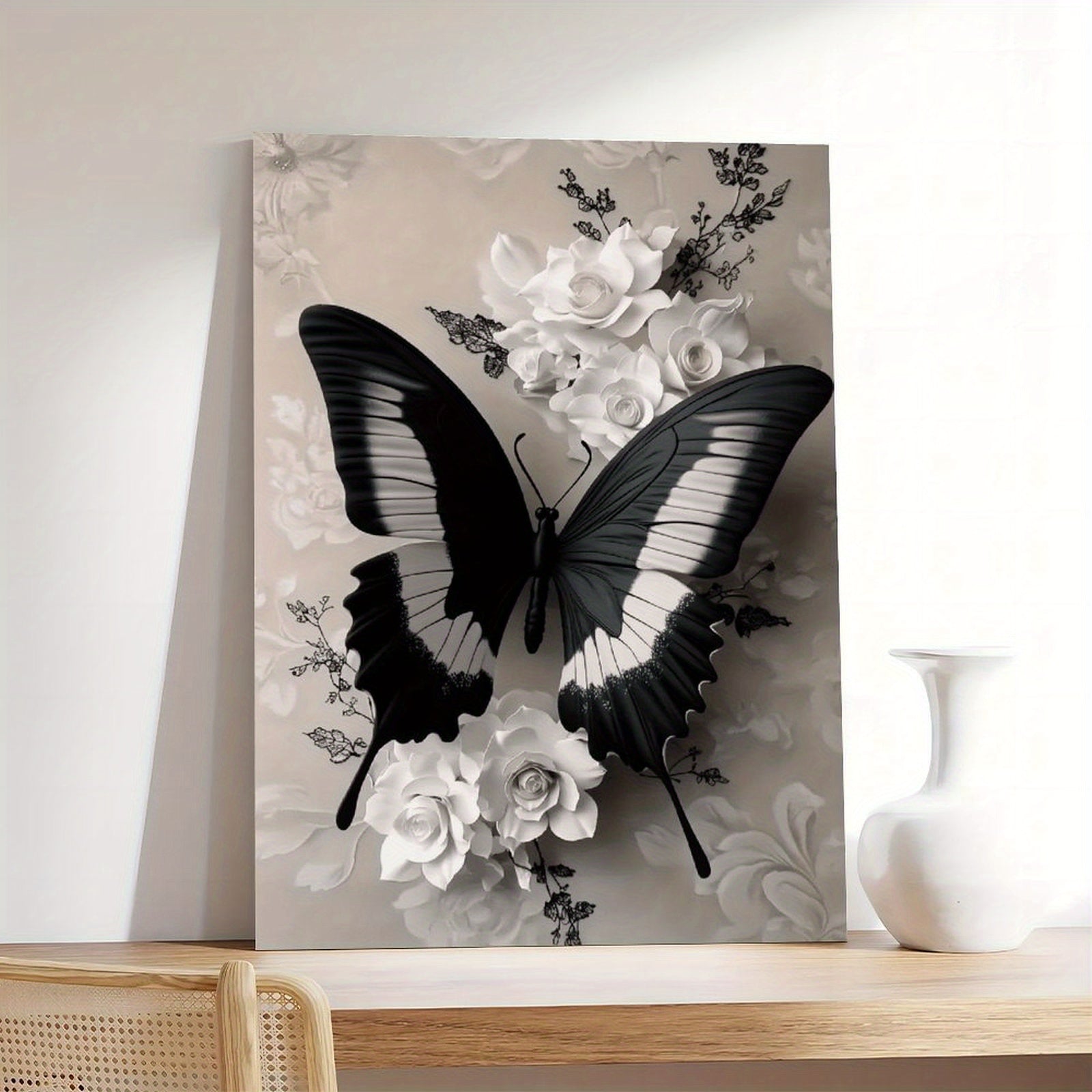 1pc Wooden Framed Wall Art - Eleg Black & White Butterfly with Floral accents, Vertical Hanging Canvas Painting for Living Room, Bedroom, Office, Bathroom - Mother's Day, Birthday, Wedding, Housewarming Gift - Mod Home Decor Decoration, Bedroom Artwork,