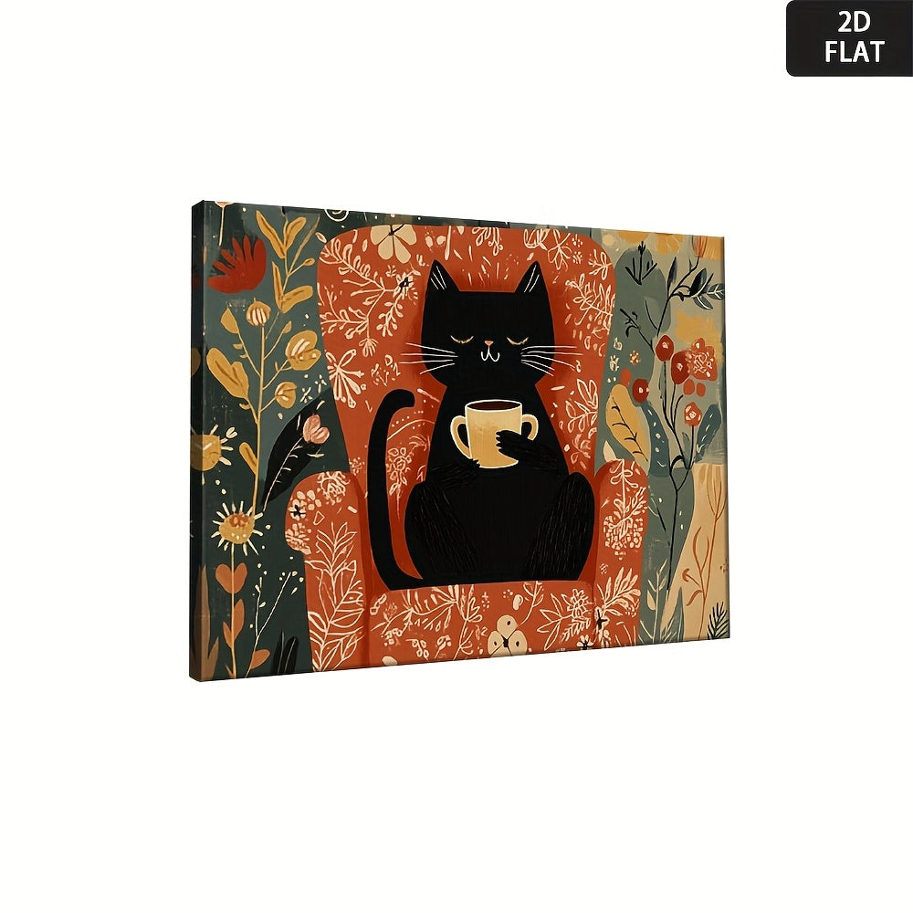 2D Flat, Mod Black Cat & Floral Canvas Art Painting - Vib Orange Background with Green Foliage, Wrapped Wooden Frame, Min Black Cat Poster for Living Room, Bedroom, Kitchen Decor - Contemporary Home Decoration Ready-to-Hang Print, Christmas Canvas Art,
