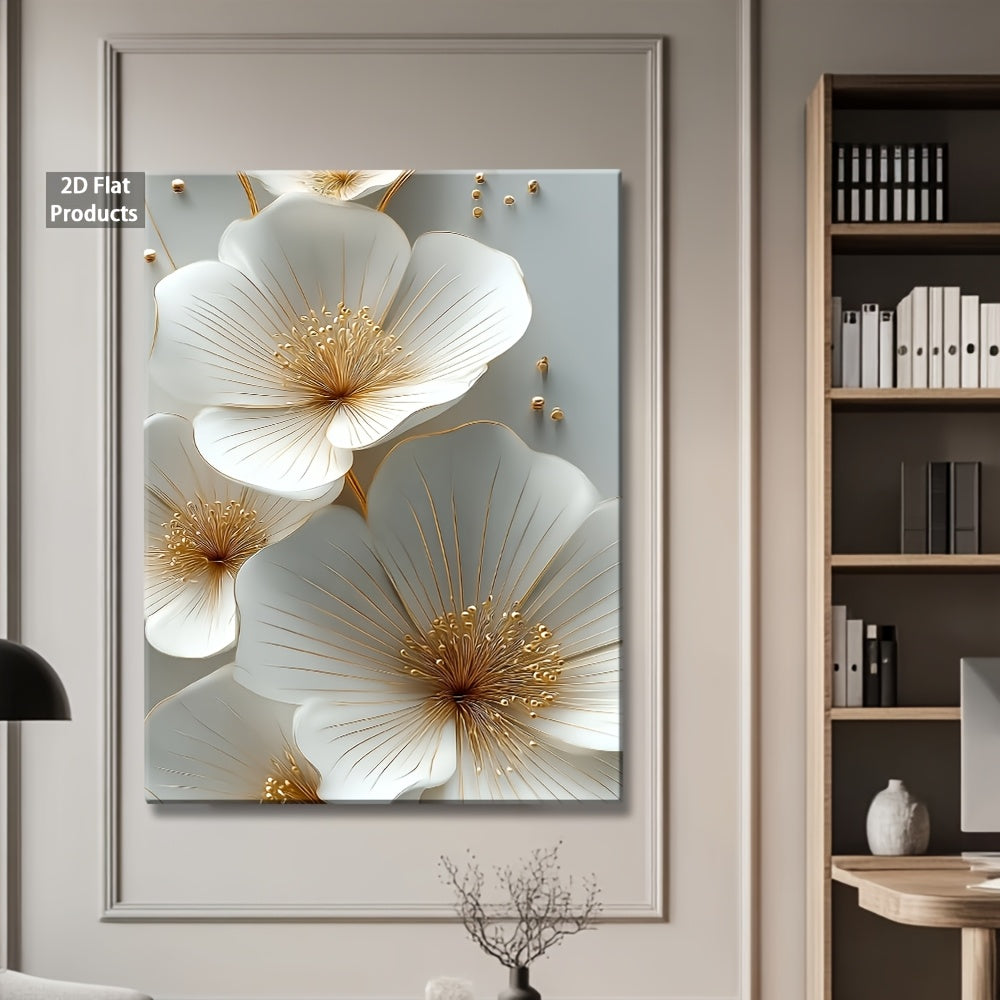 2D Flat, 2D Flat, 2D Flat A Single Piece of 2D Flat Decorative Art Featuring Wooden Frames, Showcasing White Flowers Outlined in Golden. This Wall Art Poster Is Designed for Horizontal Display And Is Suitable for Living Rooms, Offices