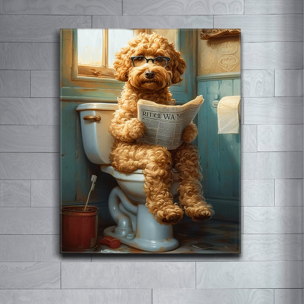 2D Flat, 2D Flat, A Humorous Canvas Art Featuring a Dog Sitting on a Toilet And Reading a Newspaper, Framed And Ideal for Restroom Decor. This Unique Piece Is Perfect for Dog Enthusiasts And Adds a Quirky Touch to Your Home