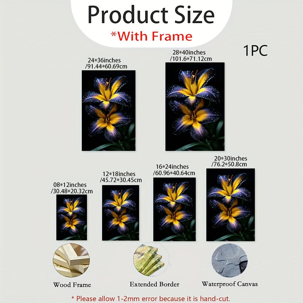 2D Flat, Mod Black & Yellow Floral Canvas Art - Contrast Wood Framed Art, Vib Botanical Print for Living Room, Bedroom, Bathroom, Kitchen, Home Office & Classroom Decor - Contemporary Min Wrapped Canvas Poster