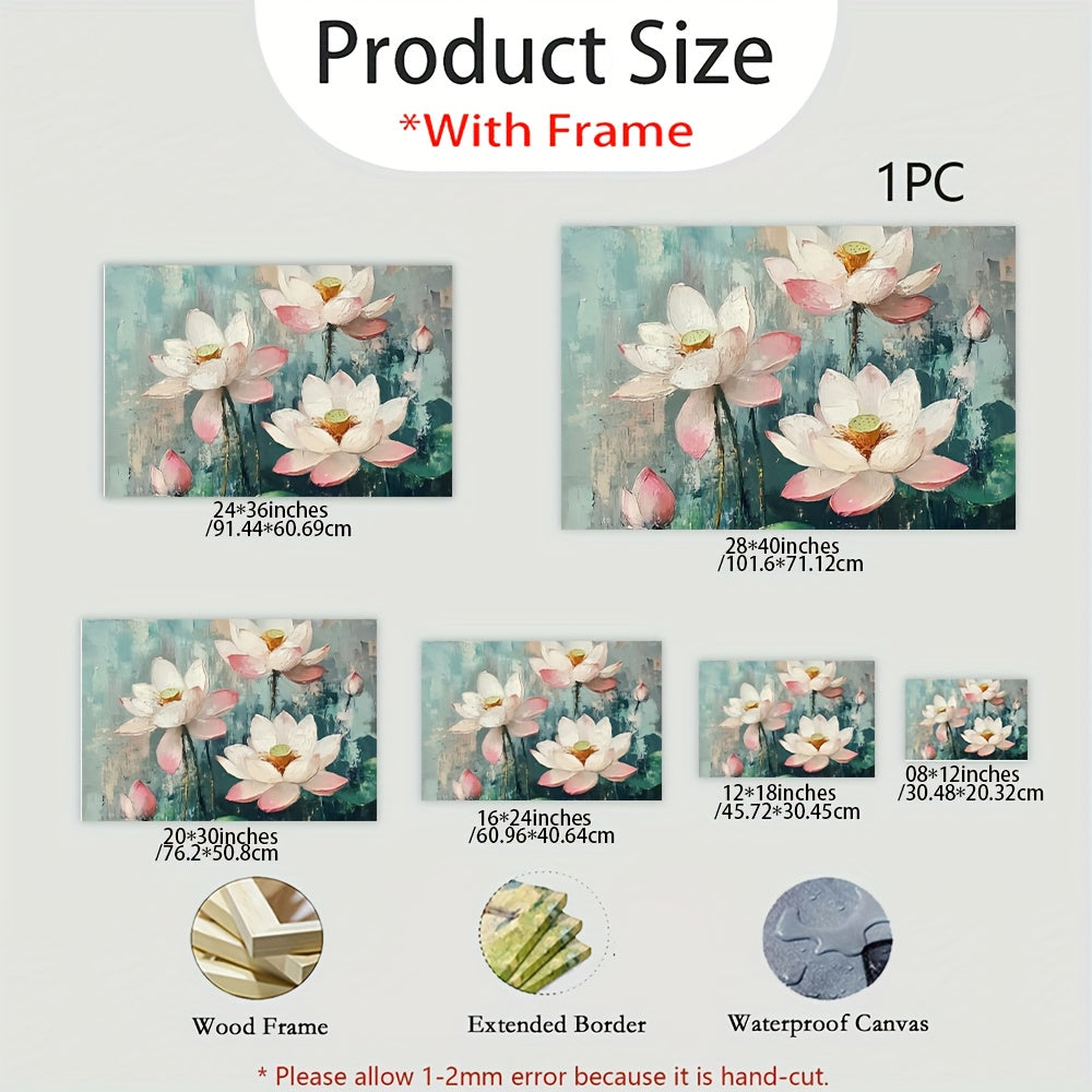 2D Flat, 1pc Vintage for Lotus Flower Poster - Mod Min Turquoise & Pink Golden Green White Beige Wall Art - Wrapped Canvas Painting Print for Living Room, Bedroom, Office Decor - Soft Pastel Hues, Calming Aesthetic, Sizes Available - Eleg Home Decoration