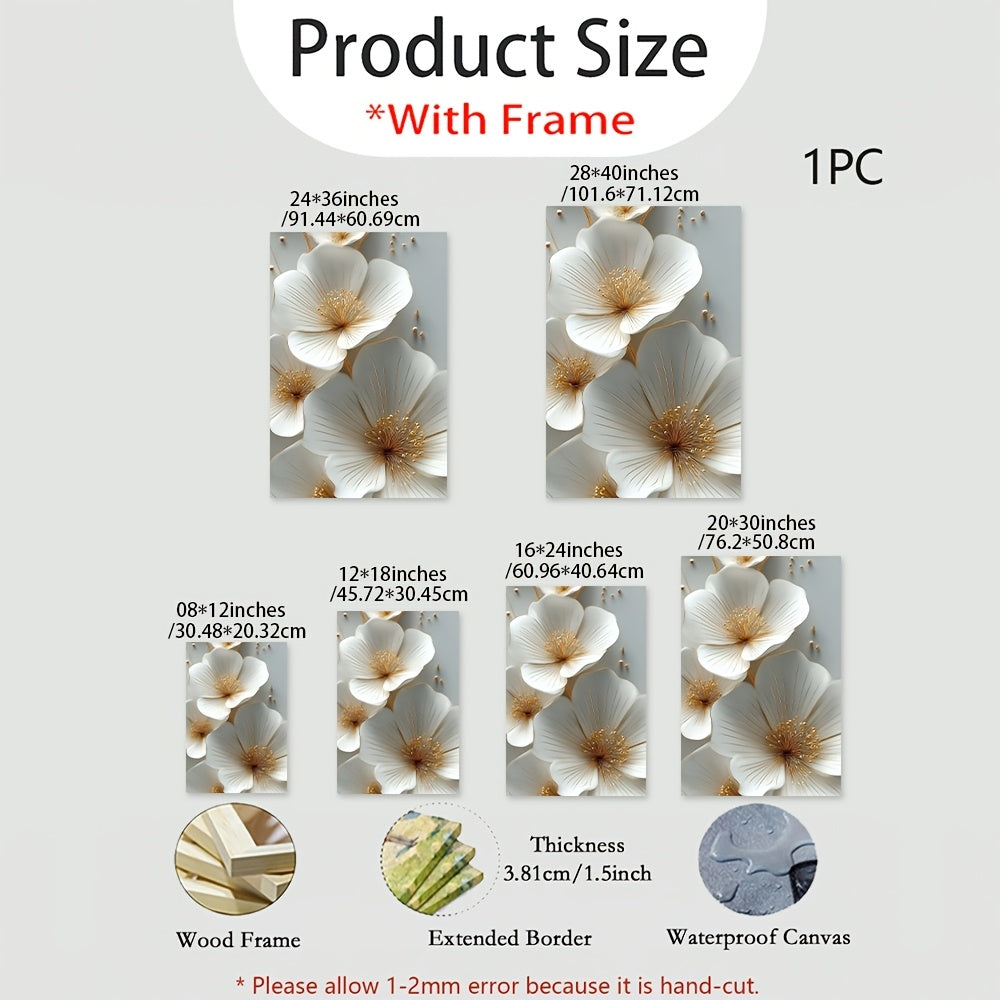 2D Flat, 2D Flat, 2D Flat A Single Piece of 2D Flat Decorative Art Featuring Wooden Frames, Showcasing White Flowers Outlined in Golden. This Wall Art Poster Is Designed for Horizontal Display And Is Suitable for Living Rooms, Offices
