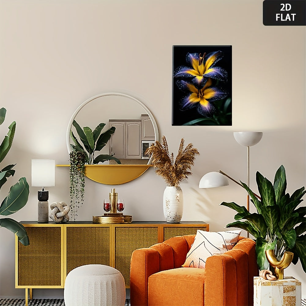 2D Flat, Mod Black & Yellow Floral Canvas Art - Contrast Wood Framed Art, Vib Botanical Print for Living Room, Bedroom, Bathroom, Kitchen, Home Office & Classroom Decor - Contemporary Min Wrapped Canvas Poster