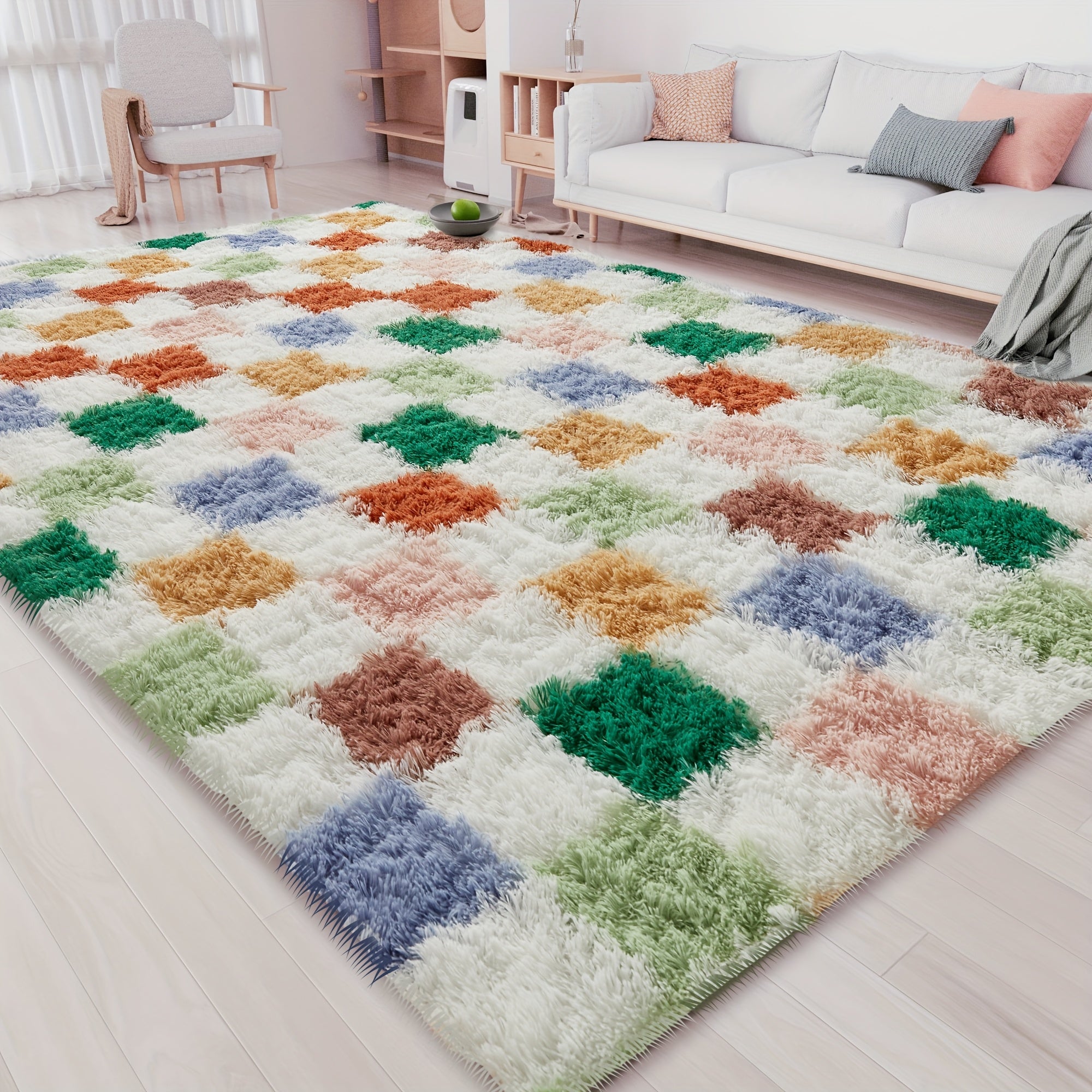 Extra Large Color Grid Shag Rug - 4x6 5x7 5x8 6x9 8x10 Sizes, Plush Multi-Color Square Carpet for Living Room Bedroom
