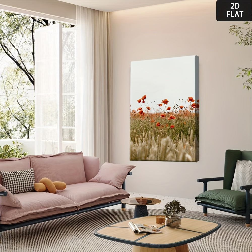 2D Flat, 1pc Framed Canvas Poster - Red Poppies & Golden-Brown Wheat Farmhouse Wall Decor - Ready-to-Hang Painting for Living Room, Bedroom, Office - High-Quality Canvas Print - Housewarming Gift Idea, Canvas Art Ready to Hang, 2D Flat