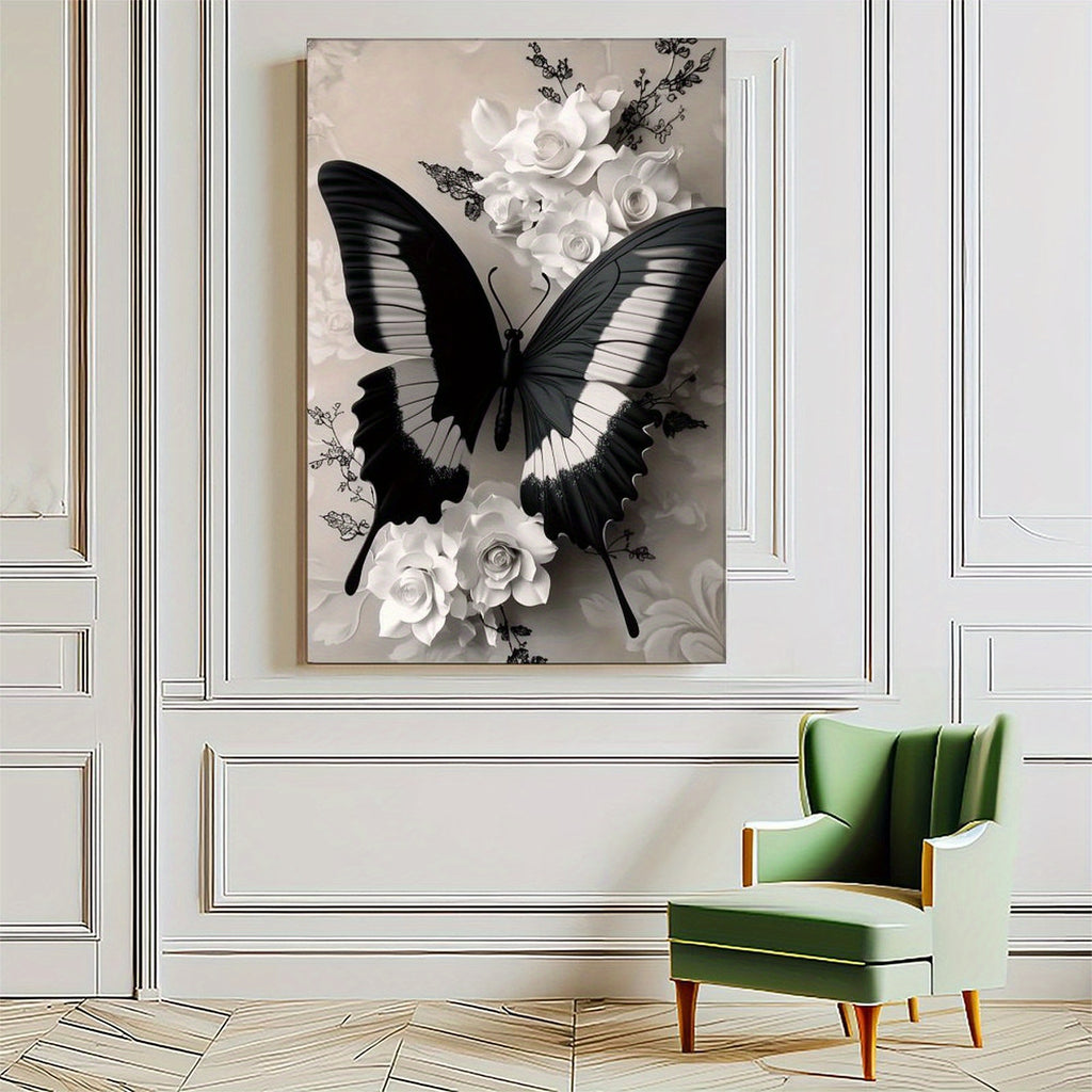 1pc Wooden Framed Wall Art - Eleg Black & White Butterfly with Floral accents, Vertical Hanging Canvas Painting for Living Room, Bedroom, Office, Bathroom - Mother's Day, Birthday, Wedding, Housewarming Gift - Mod Home Decor Decoration, Bedroom Artwork,