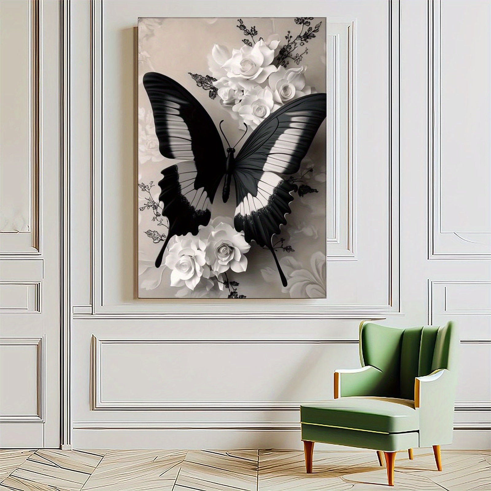 1pc Wooden Framed Wall Art - Eleg Black & White Butterfly with Floral accents, Vertical Hanging Canvas Painting for Living Room, Bedroom, Office, Bathroom - Mother's Day, Birthday, Wedding, Housewarming Gift - Mod Home Decor Decoration, Bedroom Artwork,