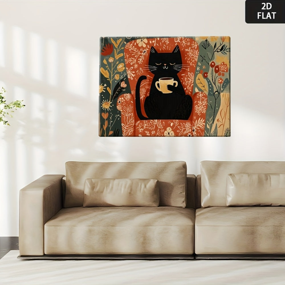 2D Flat, Mod Black Cat & Floral Canvas Art Painting - Vib Orange Background with Green Foliage, Wrapped Wooden Frame, Min Black Cat Poster for Living Room, Bedroom, Kitchen Decor - Contemporary Home Decoration Ready-to-Hang Print, Christmas Canvas Art,