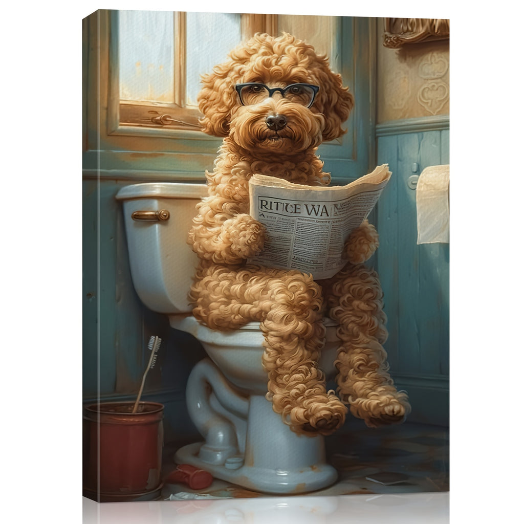 2D Flat, 2D Flat, A Humorous Canvas Art Featuring a Dog Sitting on a Toilet And Reading a Newspaper, Framed And Ideal for Restroom Decor. This Unique Piece Is Perfect for Dog Enthusiasts And Adds a Quirky Touch to Your Home