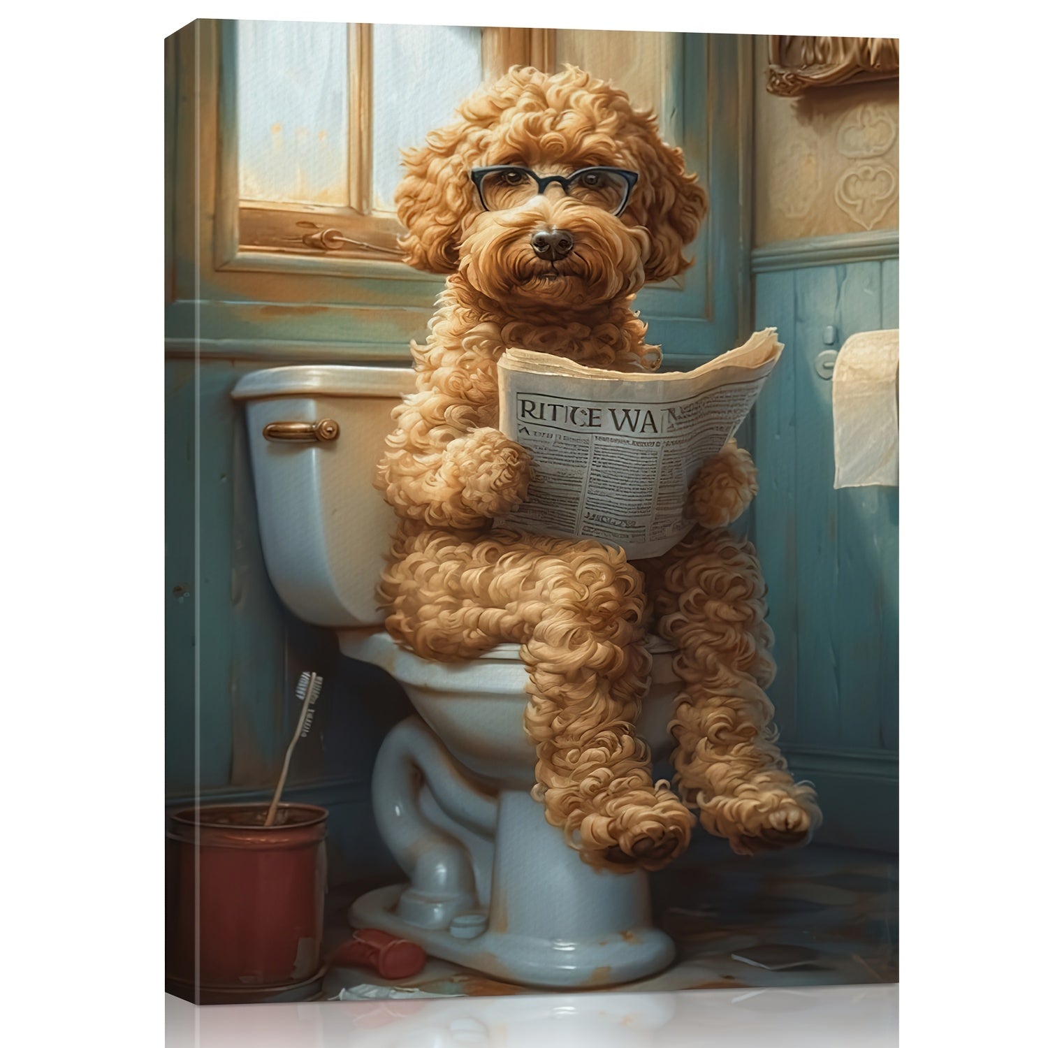 2D Flat, 2D Flat, A Humorous Canvas Art Featuring a Dog Sitting on a Toilet And Reading a Newspaper, Framed And Ideal for Restroom Decor. This Unique Piece Is Perfect for Dog Enthusiasts And Adds a Quirky Touch to Your Home