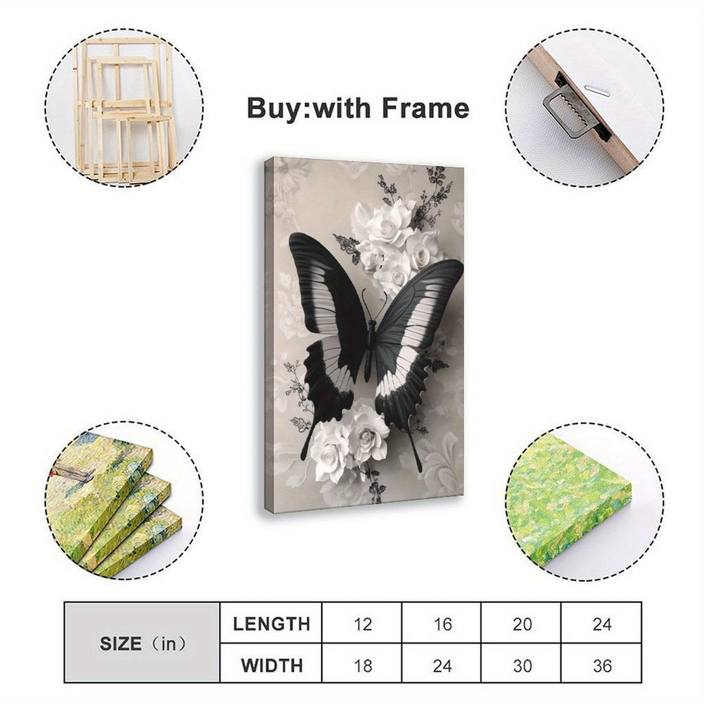 1pc Wooden Framed Wall Art - Eleg Black & White Butterfly with Floral accents, Vertical Hanging Canvas Painting for Living Room, Bedroom, Office, Bathroom - Mother's Day, Birthday, Wedding, Housewarming Gift - Mod Home Decor Decoration, Bedroom Artwork,