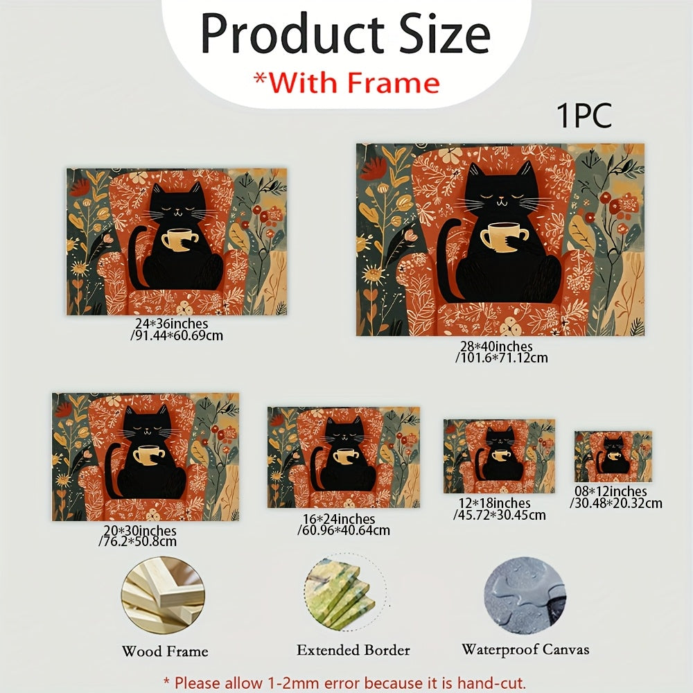 2D Flat, Mod Black Cat & Floral Canvas Art Painting - Vib Orange Background with Green Foliage, Wrapped Wooden Frame, Min Black Cat Poster for Living Room, Bedroom, Kitchen Decor - Contemporary Home Decoration Ready-to-Hang Print, Christmas Canvas Art,