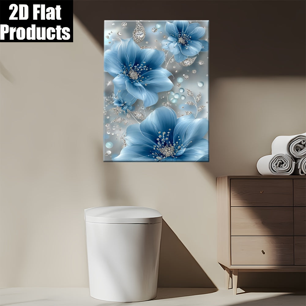 2D Flat Eleg Blue Floral Wall Art with Diamond Accents - Light Silvery Frame, 2D Flat Canvas Print, Perfect for Living Room, Bedroom, Office, or Kitchen Decor - Ideal Gift for Mother'S Day, Independence Day, or Youngsters' Day, Bedroom Wall Decor | Eleg