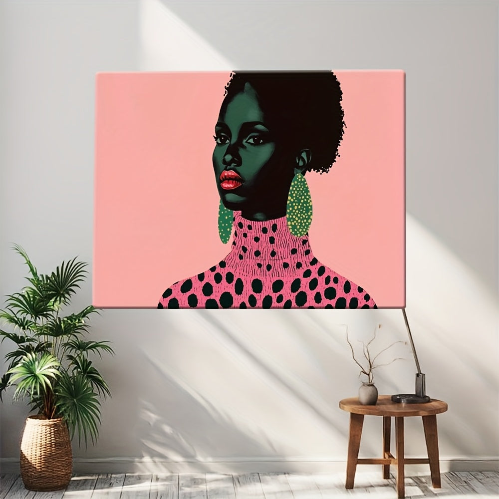 2D Flat, African Woman Portrait Canvas Art - Min Black & Pink Abs Painting with Green Earrings & Polka Dot Necklace, Wooden Framed Ready-to-Hang Decor for Living Room, Bedroom, Office - Unique Gift Idea, Bedroom Enhancement, Mod Aesthetic, Highdefinition