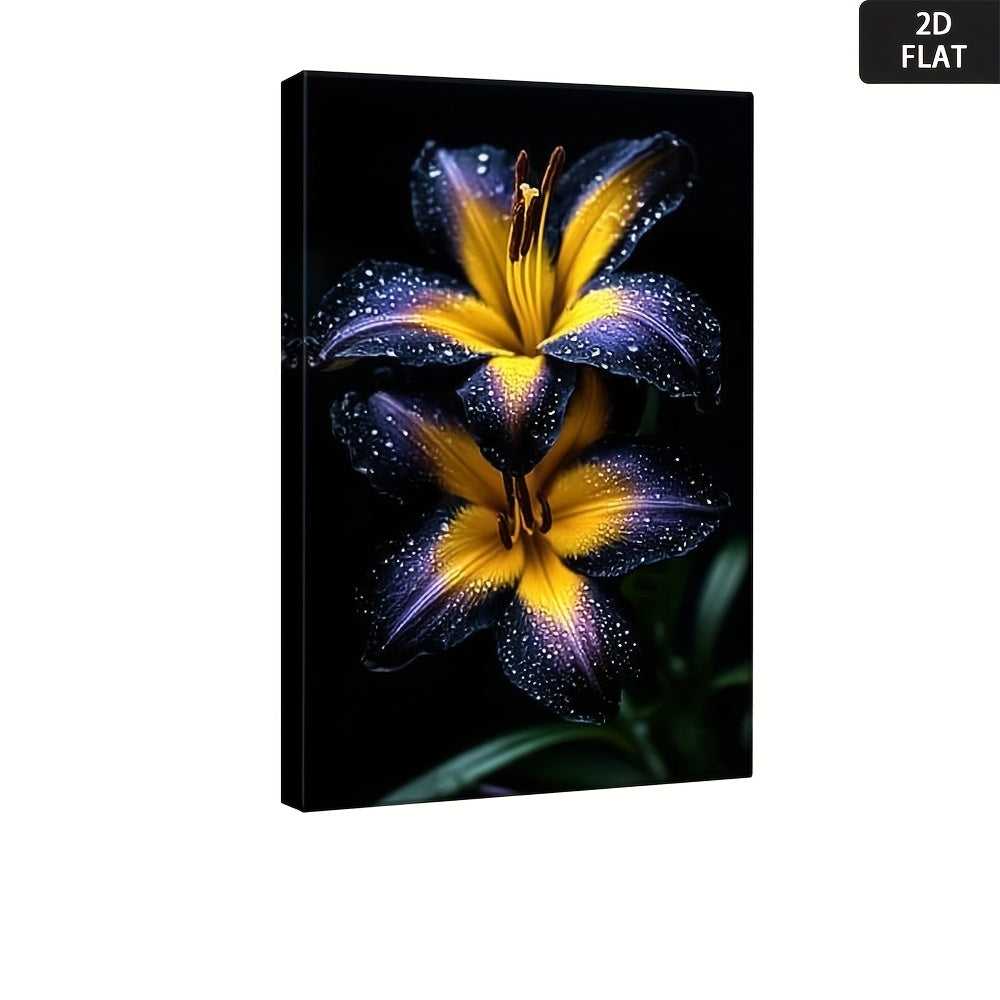 2D Flat, Mod Black & Yellow Floral Canvas Art - Contrast Wood Framed Art, Vib Botanical Print for Living Room, Bedroom, Bathroom, Kitchen, Home Office & Classroom Decor - Contemporary Min Wrapped Canvas Poster
