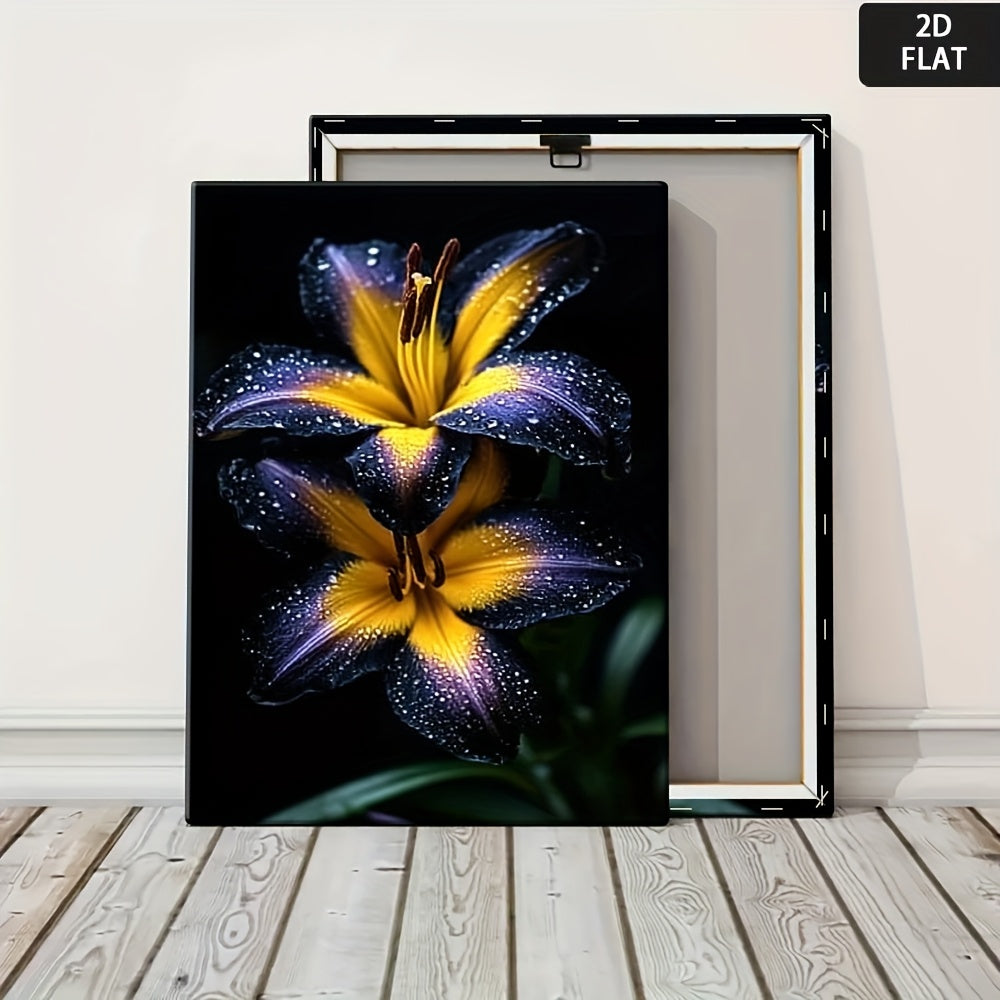 2D Flat, Mod Black & Yellow Floral Canvas Art - Contrast Wood Framed Art, Vib Botanical Print for Living Room, Bedroom, Bathroom, Kitchen, Home Office & Classroom Decor - Contemporary Min Wrapped Canvas Poster
