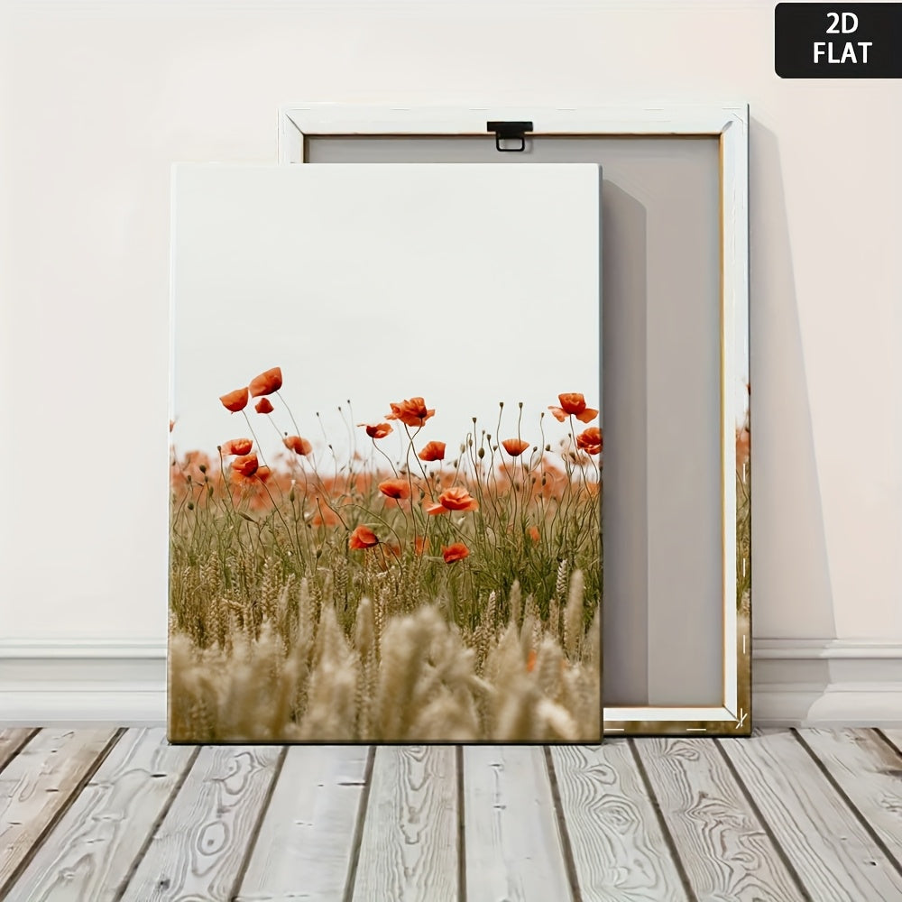 2D Flat, 1pc Framed Canvas Poster - Red Poppies & Golden-Brown Wheat Farmhouse Wall Decor - Ready-to-Hang Painting for Living Room, Bedroom, Office - High-Quality Canvas Print - Housewarming Gift Idea, Canvas Art Ready to Hang, 2D Flat