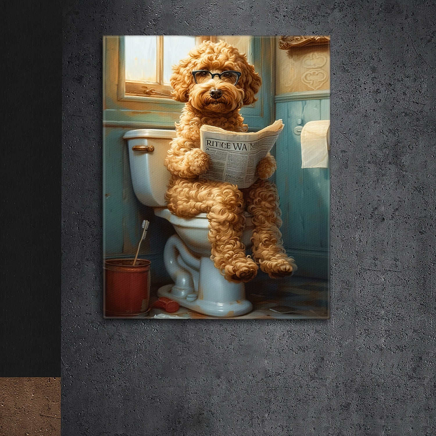2D Flat, 2D Flat, A Humorous Canvas Art Featuring a Dog Sitting on a Toilet And Reading a Newspaper, Framed And Ideal for Restroom Decor. This Unique Piece Is Perfect for Dog Enthusiasts And Adds a Quirky Touch to Your Home