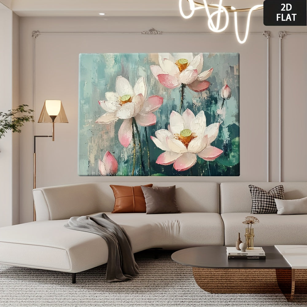 2D Flat, 1pc Vintage for Lotus Flower Poster - Mod Min Turquoise & Pink Golden Green White Beige Wall Art - Wrapped Canvas Painting Print for Living Room, Bedroom, Office Decor - Soft Pastel Hues, Calming Aesthetic, Sizes Available - Eleg Home Decoration