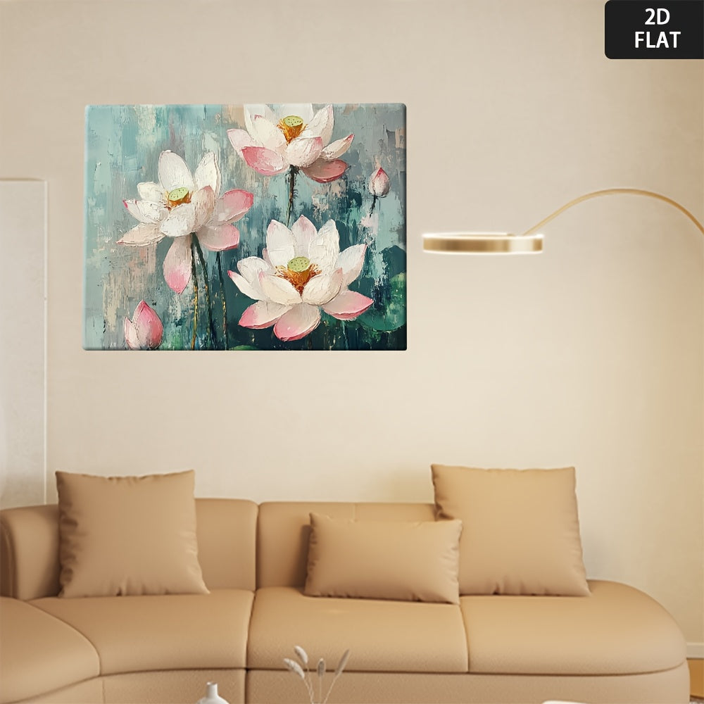 2D Flat, 1pc Vintage for Lotus Flower Poster - Mod Min Turquoise & Pink Golden Green White Beige Wall Art - Wrapped Canvas Painting Print for Living Room, Bedroom, Office Decor - Soft Pastel Hues, Calming Aesthetic, Sizes Available - Eleg Home Decoration