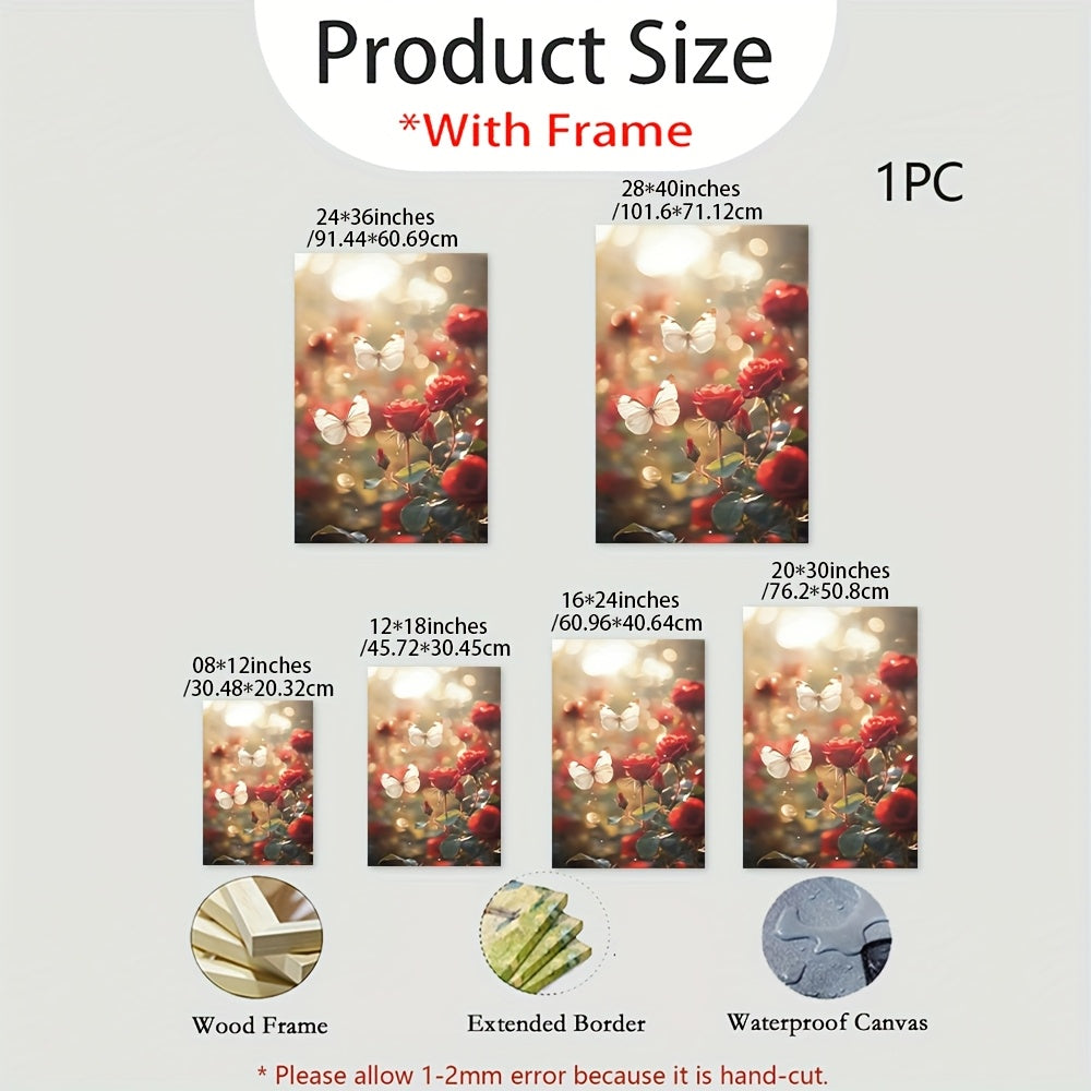 2D Flat, Vib Red Roses & Butterflies Canvas Art - Mod Floral Painting with & Pink Blooms, Wrapped Framed Poster for Home Office, Bedroom, Living Room Decor - Inspirational Botanical Print on High-Quality Canvas