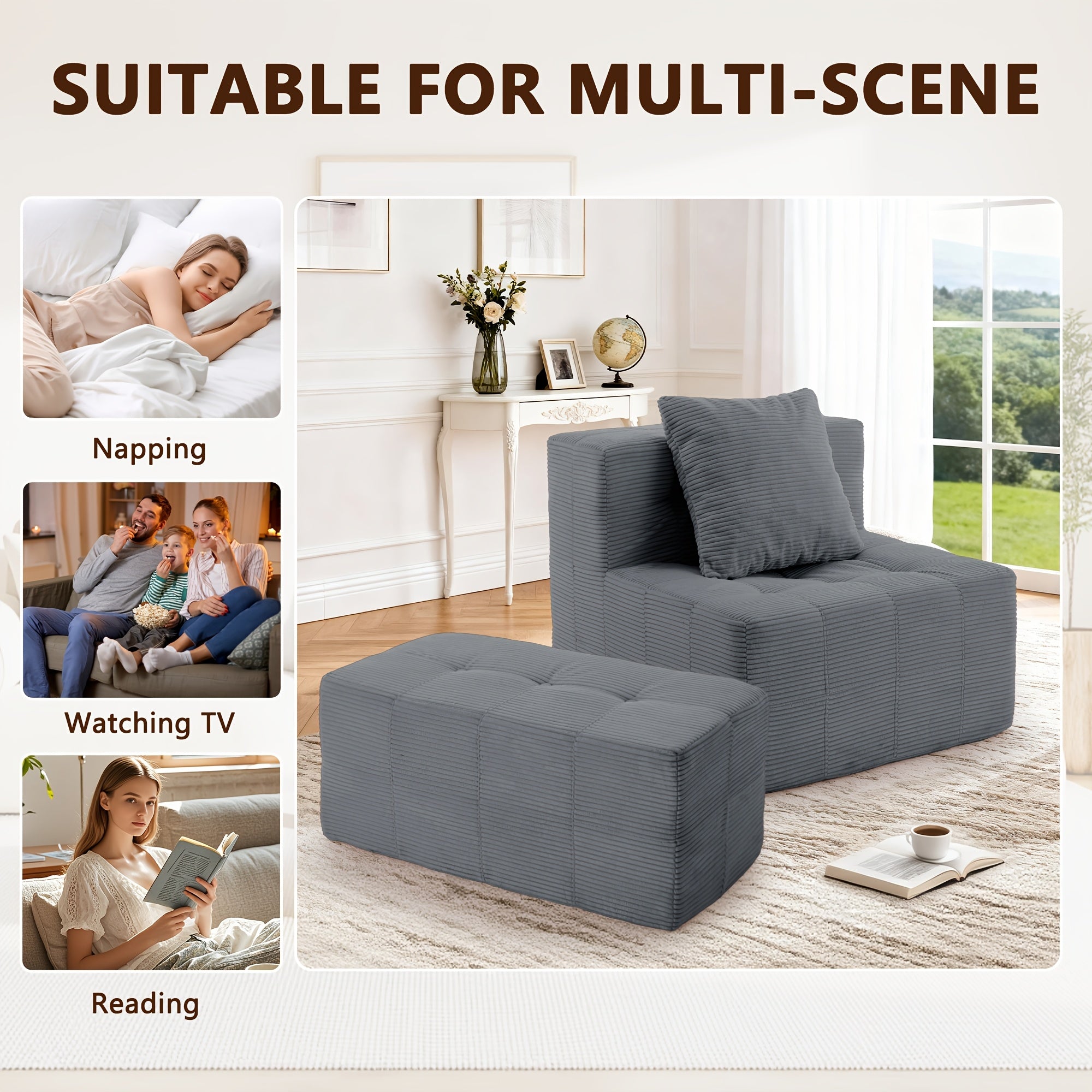 Contemporary Minimalist Couch - Easy to Maintain, Compact Single with Cushion And Footrest, Available in Soft Hues - Space-Efficient Furniture for Living Areas, Flats, And Student Housing - Lightweight And Portable Design, Perfect for Limited Spaces