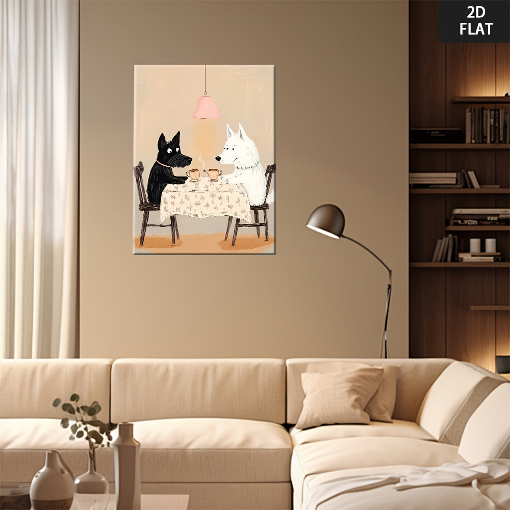 2D Flat, Rustic Farmhouse Wall Art - Cute Black & White Dog Painting with Wooden Frame, 2D Flat Canvas Print for Living Room, Bedroom, Bathroom, Kitchen, Home Office Decor, Dog Decor, Perfect for Room Decor