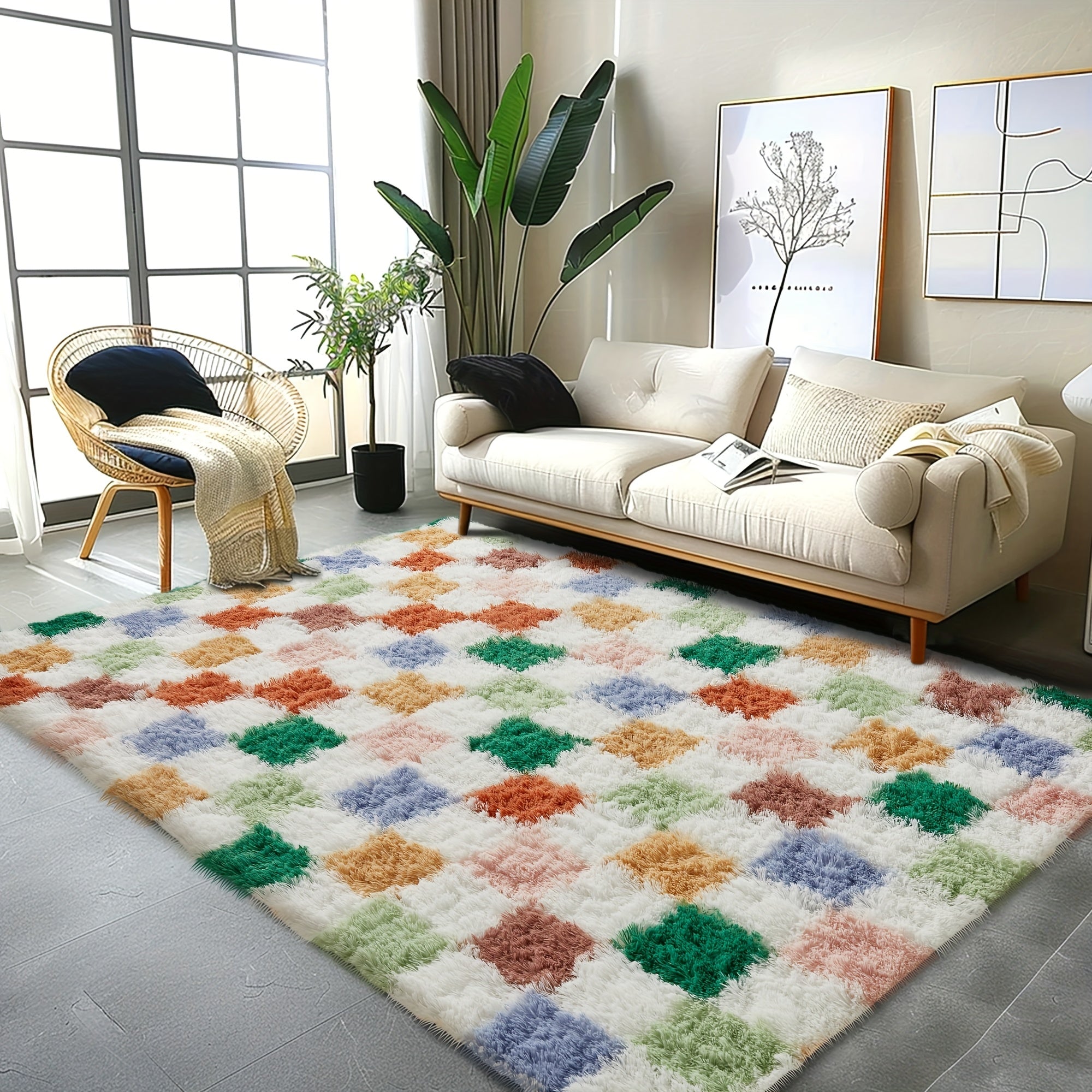 Extra Large Color Grid Shag Rug - 4x6 5x7 5x8 6x9 8x10 Sizes, Plush Multi-Color Square Carpet for Living Room Bedroom
