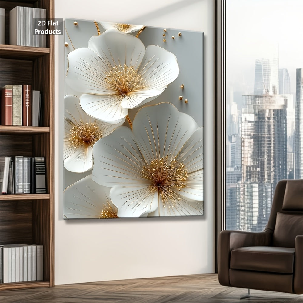 2D Flat, 2D Flat, 2D Flat A Single Piece of 2D Flat Decorative Art Featuring Wooden Frames, Showcasing White Flowers Outlined in Golden. This Wall Art Poster Is Designed for Horizontal Display And Is Suitable for Living Rooms, Offices