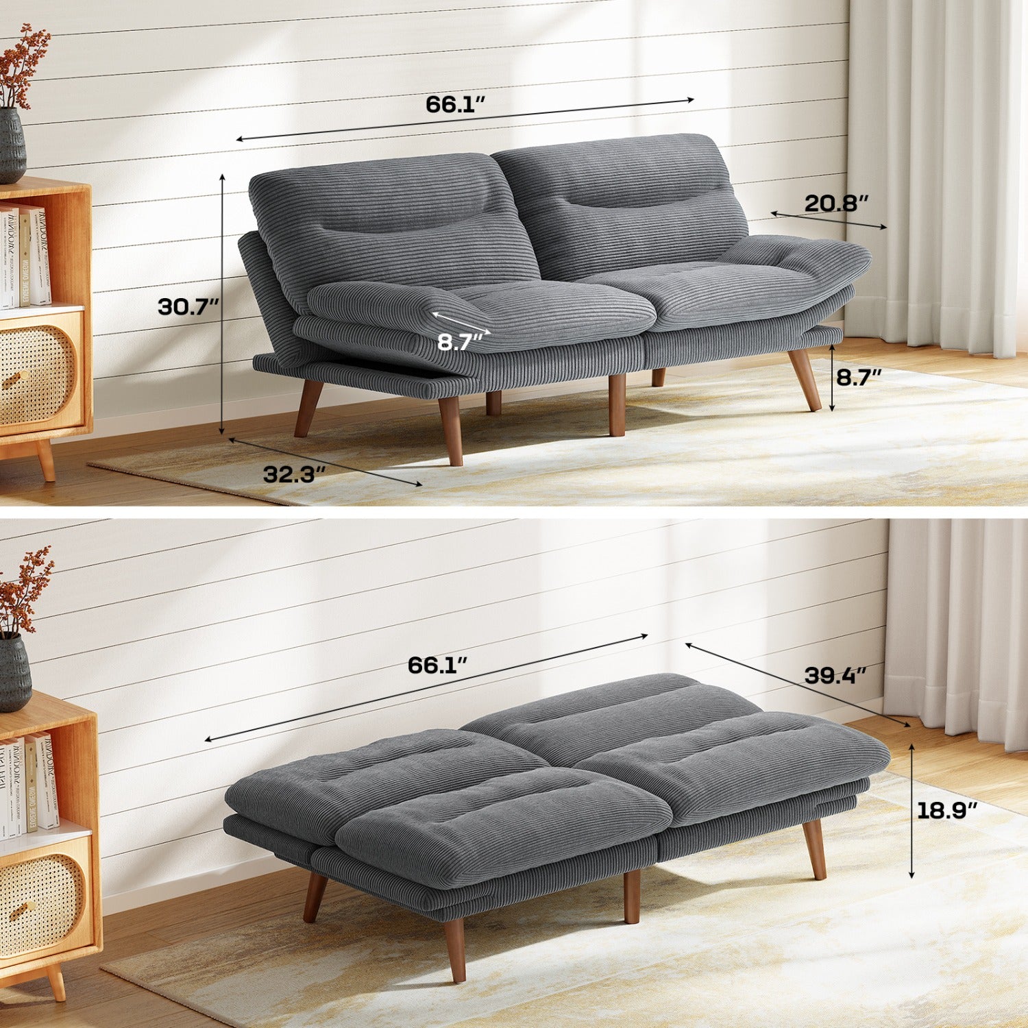 A Sofa Bed with an Adjustable Backrest And Armrests, Measuring 66-75 Inches, Suitable for Living Rooms Or Office Reception Areas, Can Be Converted Into a Space-Saving Sofa Bed