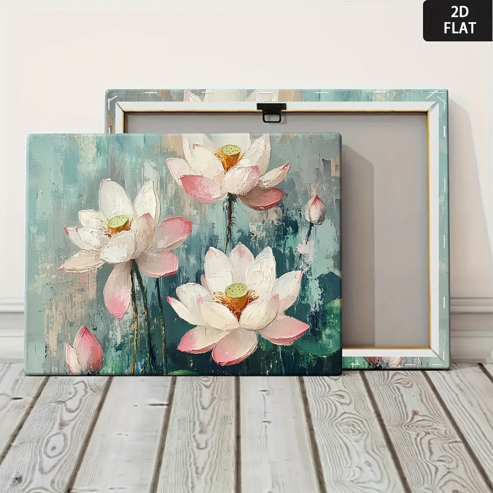 2D Flat, 1pc Vintage for Lotus Flower Poster - Mod Min Turquoise & Pink Golden Green White Beige Wall Art - Wrapped Canvas Painting Print for Living Room, Bedroom, Office Decor - Soft Pastel Hues, Calming Aesthetic, Sizes Available - Eleg Home Decoration