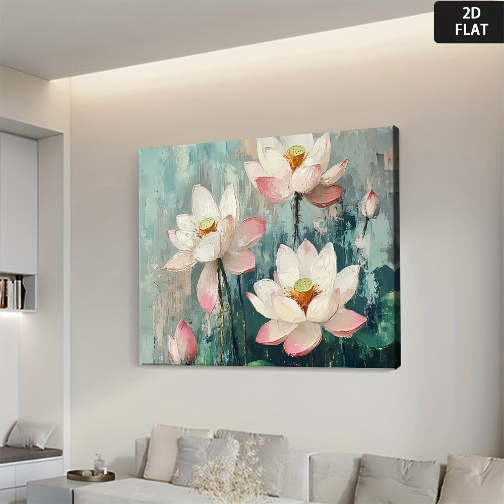 2D Flat, 1pc Vintage for Lotus Flower Poster - Mod Min Turquoise & Pink Golden Green White Beige Wall Art - Wrapped Canvas Painting Print for Living Room, Bedroom, Office Decor - Soft Pastel Hues, Calming Aesthetic, Sizes Available - Eleg Home Decoration