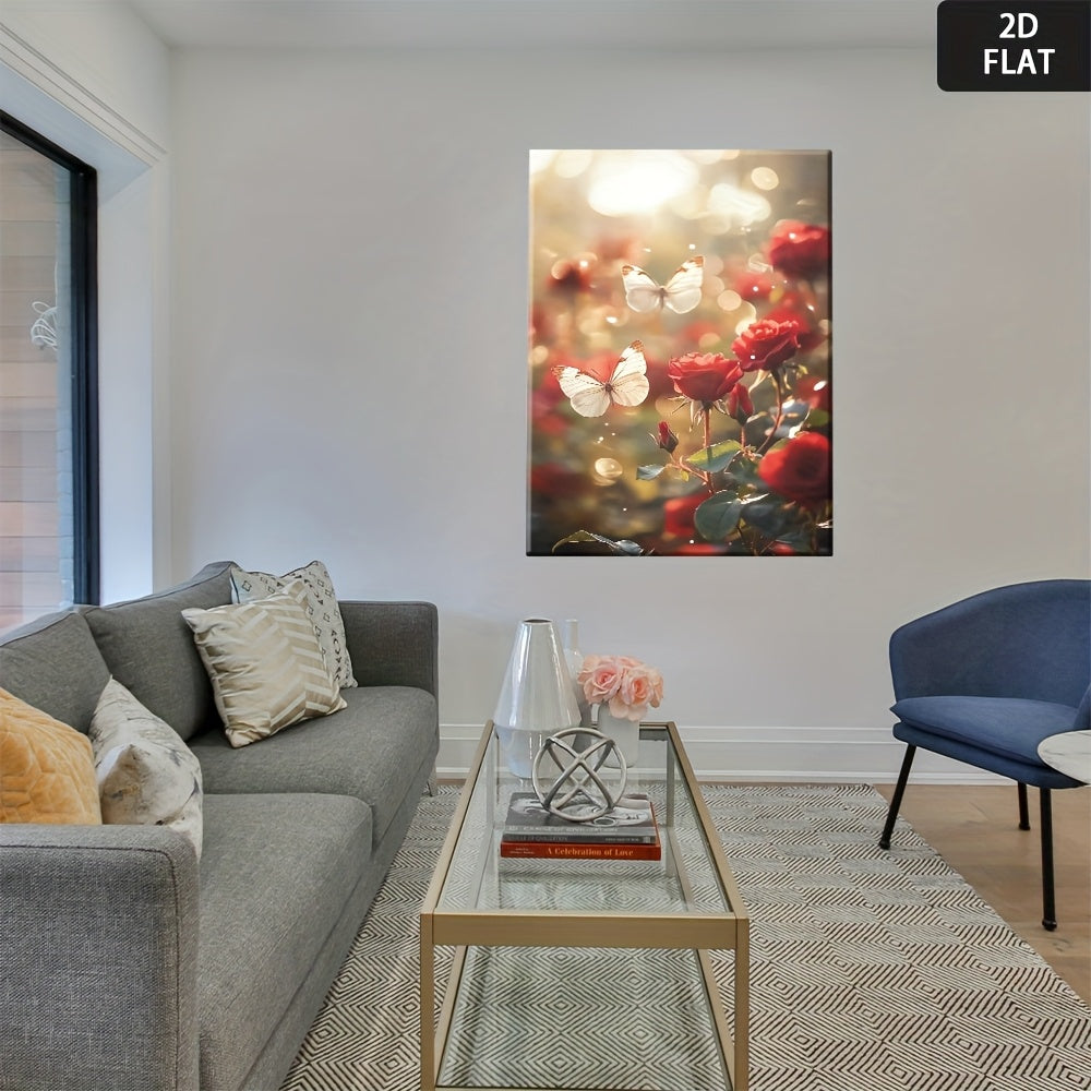 2D Flat, Vib Red Roses & Butterflies Canvas Art - Mod Floral Painting with & Pink Blooms, Wrapped Framed Poster for Home Office, Bedroom, Living Room Decor - Inspirational Botanical Print on High-Quality Canvas