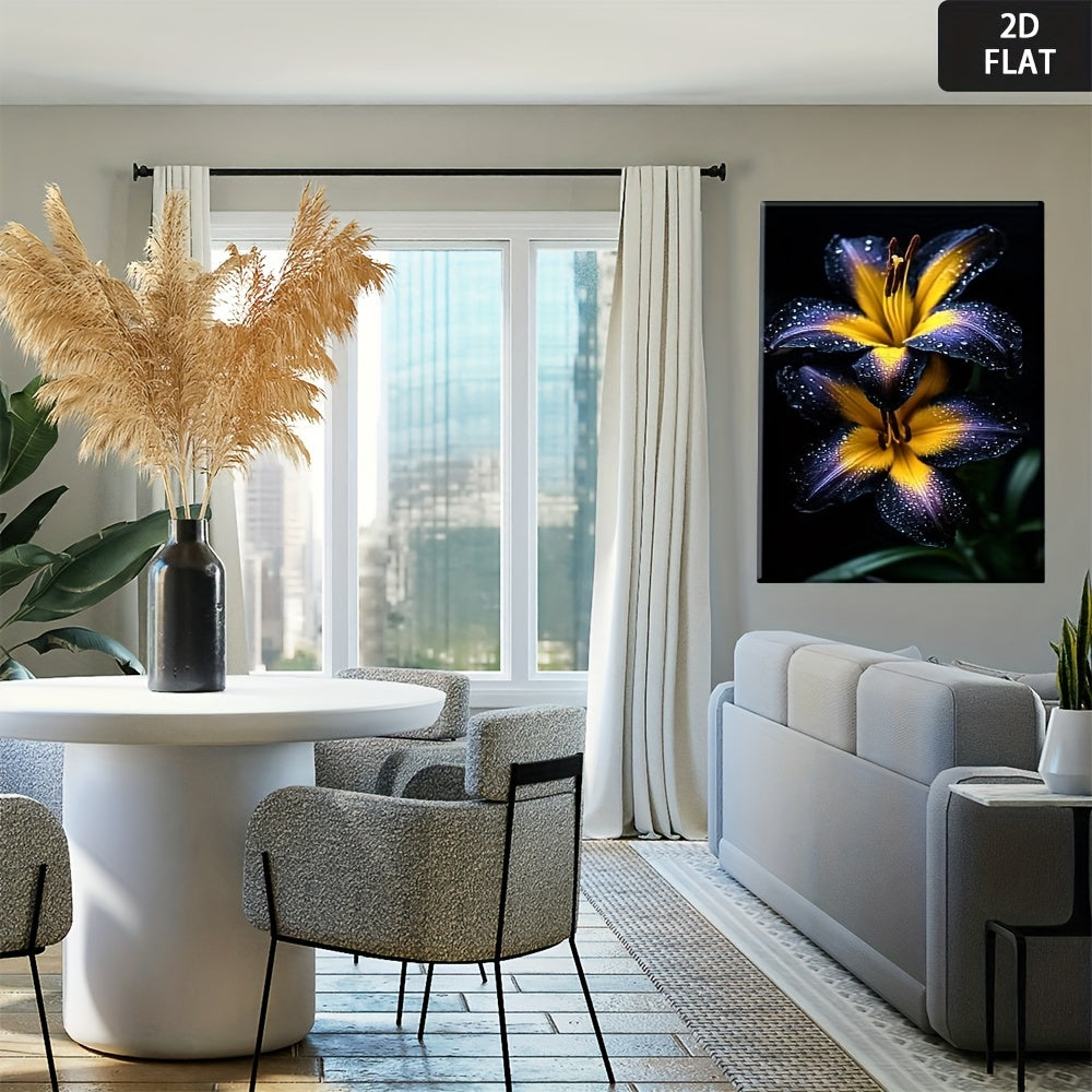 2D Flat, Mod Black & Yellow Floral Canvas Art - Contrast Wood Framed Art, Vib Botanical Print for Living Room, Bedroom, Bathroom, Kitchen, Home Office & Classroom Decor - Contemporary Min Wrapped Canvas Poster