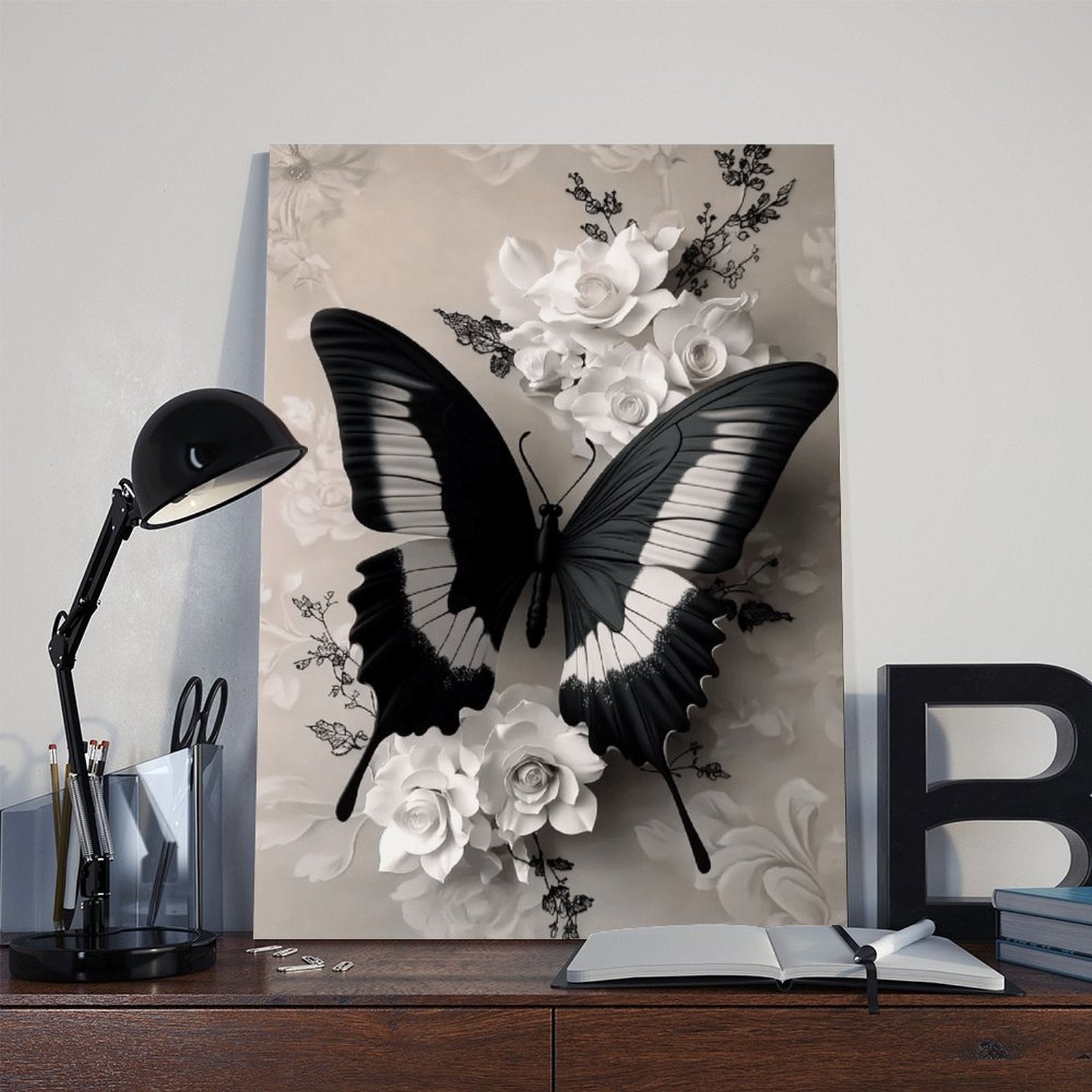1pc Wooden Framed Wall Art - Eleg Black & White Butterfly with Floral accents, Vertical Hanging Canvas Painting for Living Room, Bedroom, Office, Bathroom - Mother's Day, Birthday, Wedding, Housewarming Gift - Mod Home Decor Decoration, Bedroom Artwork,