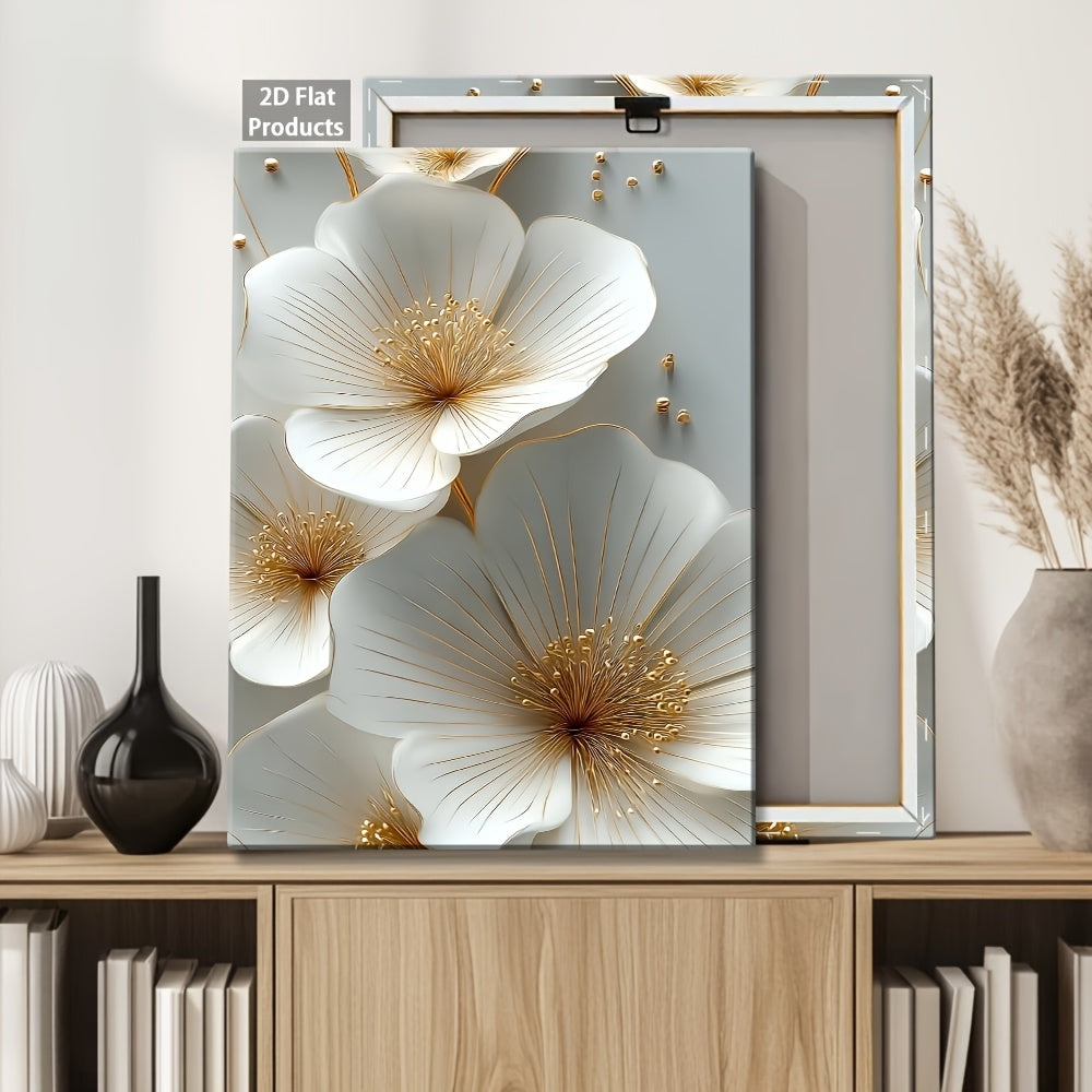 2D Flat, 2D Flat, 2D Flat A Single Piece of 2D Flat Decorative Art Featuring Wooden Frames, Showcasing White Flowers Outlined in Golden. This Wall Art Poster Is Designed for Horizontal Display And Is Suitable for Living Rooms, Offices