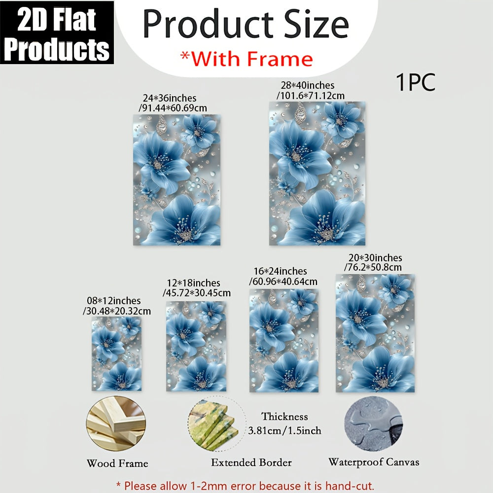 2D Flat Eleg Blue Floral Wall Art with Diamond Accents - Light Silvery Frame, 2D Flat Canvas Print, Perfect for Living Room, Bedroom, Office, or Kitchen Decor - Ideal Gift for Mother'S Day, Independence Day, or Youngsters' Day, Bedroom Wall Decor | Eleg