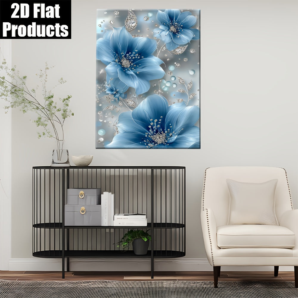 2D Flat Eleg Blue Floral Wall Art with Diamond Accents - Light Silvery Frame, 2D Flat Canvas Print, Perfect for Living Room, Bedroom, Office, or Kitchen Decor - Ideal Gift for Mother'S Day, Independence Day, or Youngsters' Day, Bedroom Wall Decor | Eleg