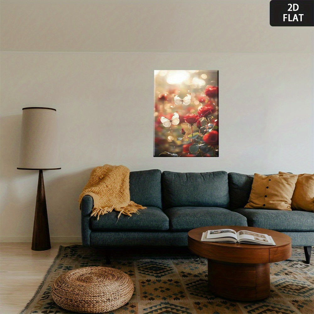 2D Flat, Vib Red Roses & Butterflies Canvas Art - Mod Floral Painting with & Pink Blooms, Wrapped Framed Poster for Home Office, Bedroom, Living Room Decor - Inspirational Botanical Print on High-Quality Canvas
