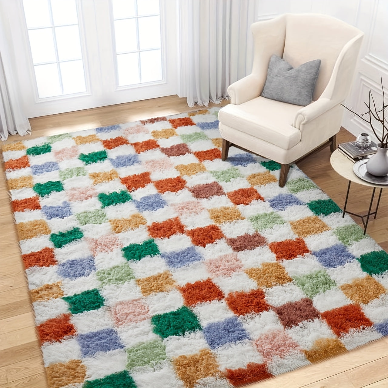 Extra Large Color Grid Shag Rug - 4x6 5x7 5x8 6x9 8x10 Sizes, Plush Multi-Color Square Carpet for Living Room Bedroom