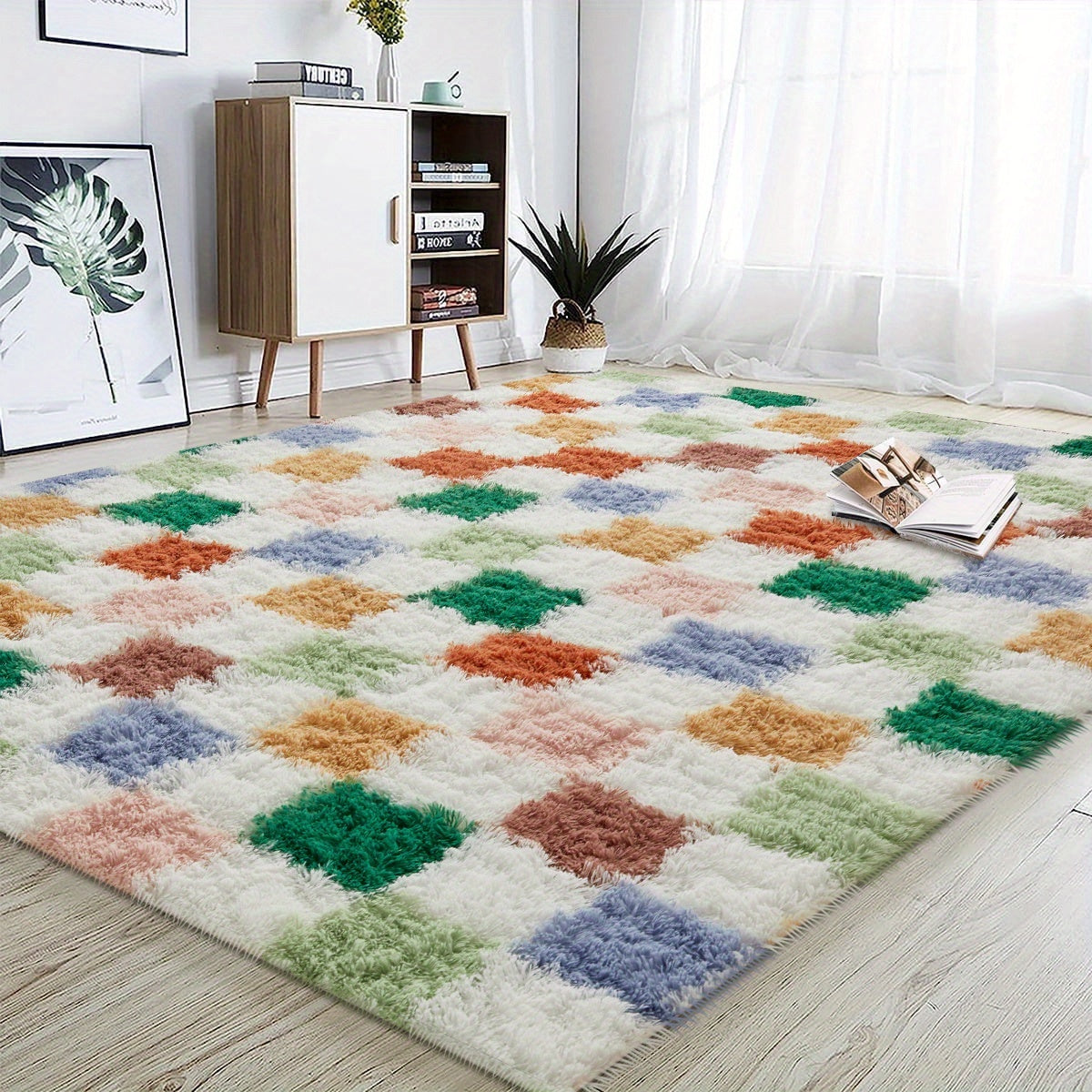 Extra Large Color Grid Shag Rug - 4x6 5x7 5x8 6x9 8x10 Sizes, Plush Multi-Color Square Carpet for Living Room Bedroom