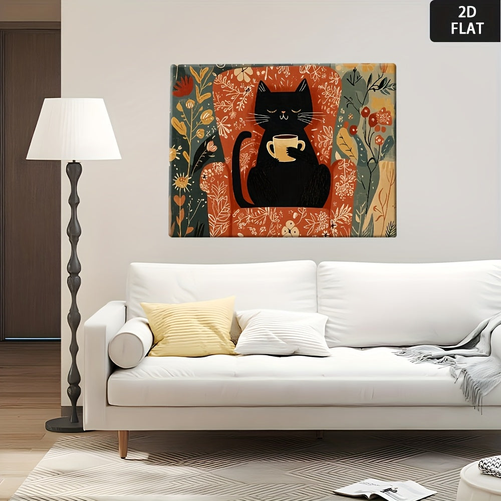 2D Flat, Mod Black Cat & Floral Canvas Art Painting - Vib Orange Background with Green Foliage, Wrapped Wooden Frame, Min Black Cat Poster for Living Room, Bedroom, Kitchen Decor - Contemporary Home Decoration Ready-to-Hang Print, Christmas Canvas Art,