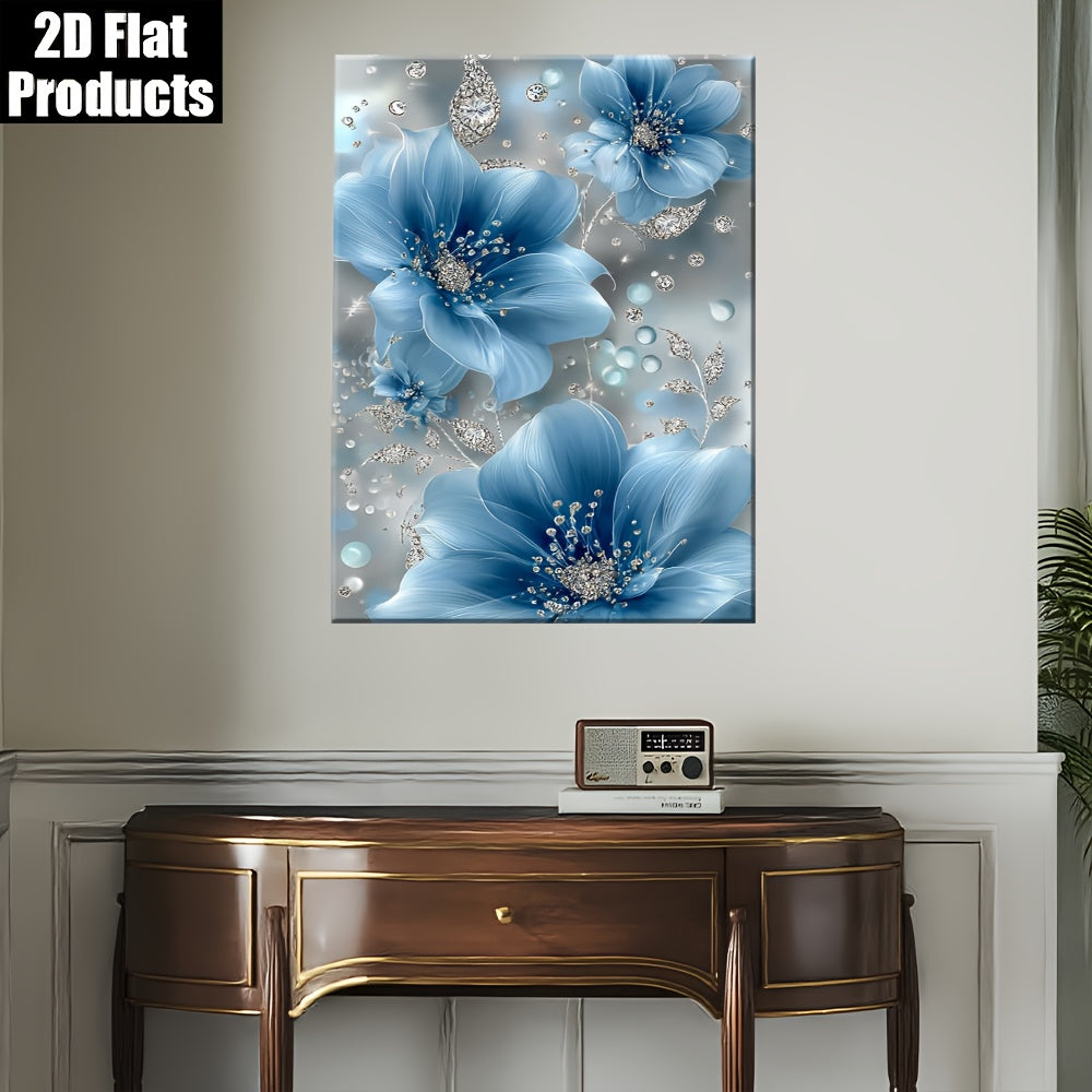 2D Flat Eleg Blue Floral Wall Art with Diamond Accents - Light Silvery Frame, 2D Flat Canvas Print, Perfect for Living Room, Bedroom, Office, or Kitchen Decor - Ideal Gift for Mother'S Day, Independence Day, or Youngsters' Day, Bedroom Wall Decor | Eleg