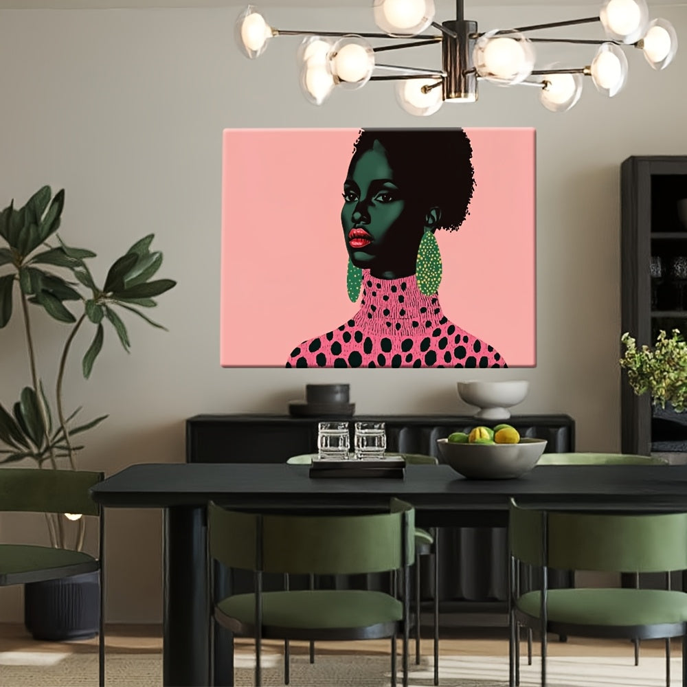 2D Flat, African Woman Portrait Canvas Art - Min Black & Pink Abs Painting with Green Earrings & Polka Dot Necklace, Wooden Framed Ready-to-Hang Decor for Living Room, Bedroom, Office - Unique Gift Idea, Bedroom Enhancement, Mod Aesthetic, Highdefinition