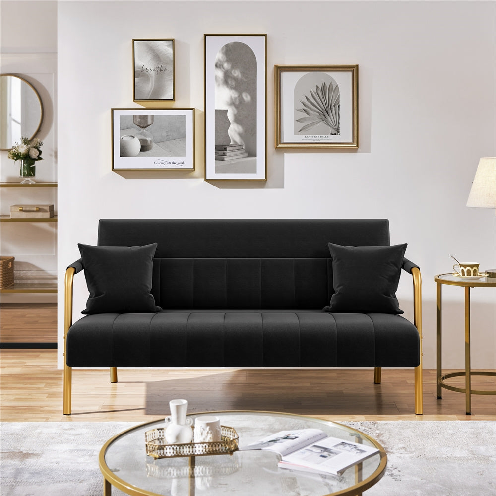 Costoffs Velvet Fabric Sofa Couch, 56.5″ W Modern Loveseat Couch with Gold-tone Metal Arms, Legs & 2 Pillows, Sofa for Living Room, Bedroom Furniture