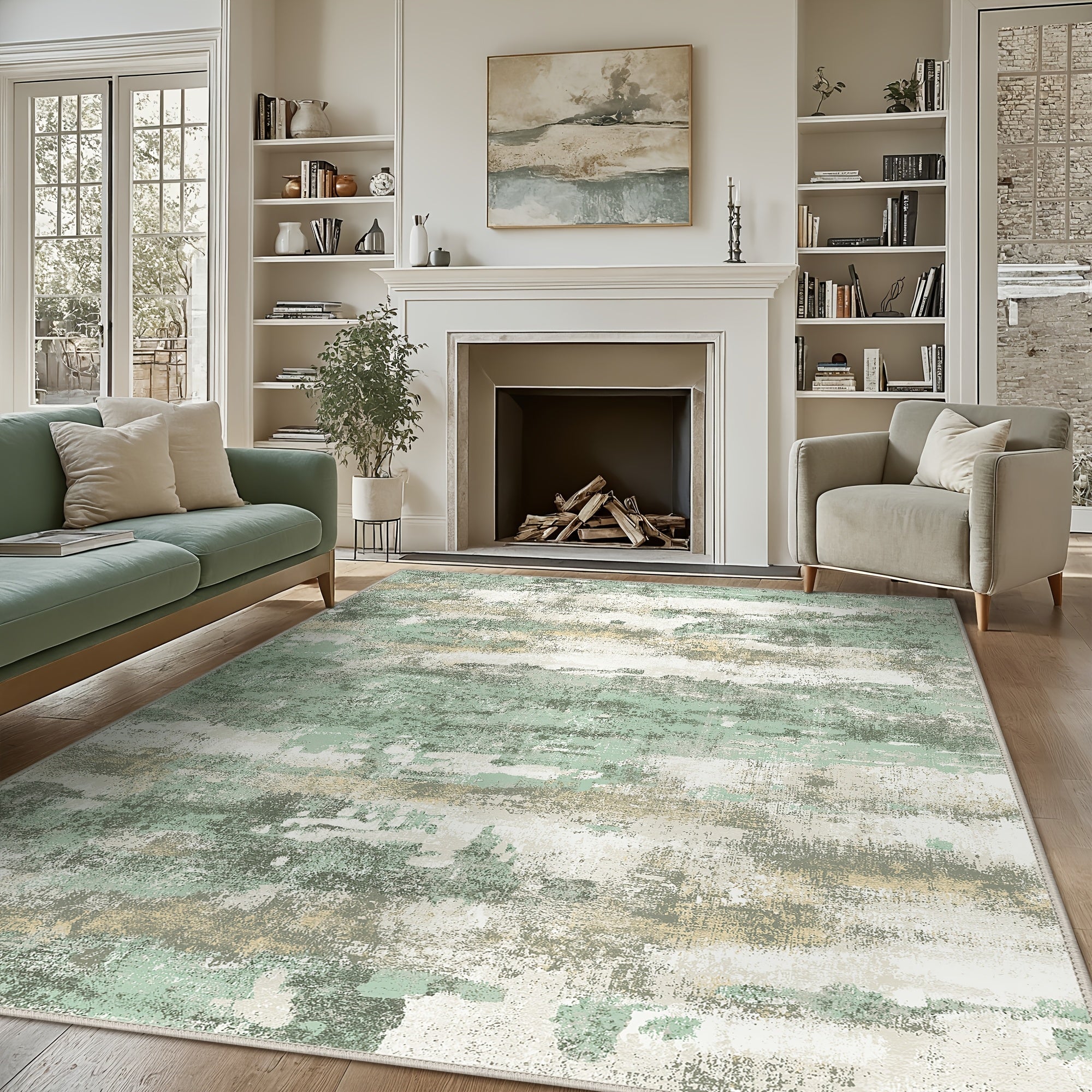 Modern Abstract Area Mat Modern Abstract Non-Slip Area Mat | Large Soft Machine Washable for Living Room, Dining Room, Bedroom & Office - Home Decor in Sage Green, Blue, Dark Grey