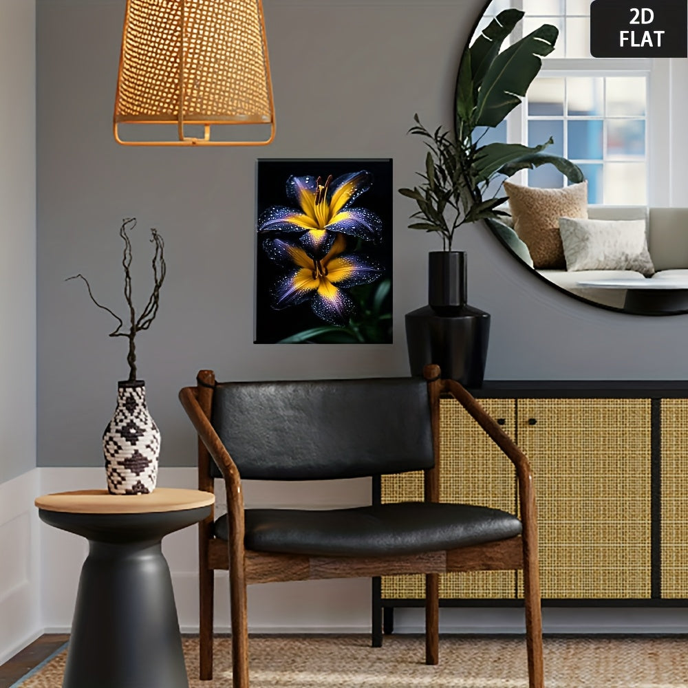 2D Flat, Mod Black & Yellow Floral Canvas Art - Contrast Wood Framed Art, Vib Botanical Print for Living Room, Bedroom, Bathroom, Kitchen, Home Office & Classroom Decor - Contemporary Min Wrapped Canvas Poster