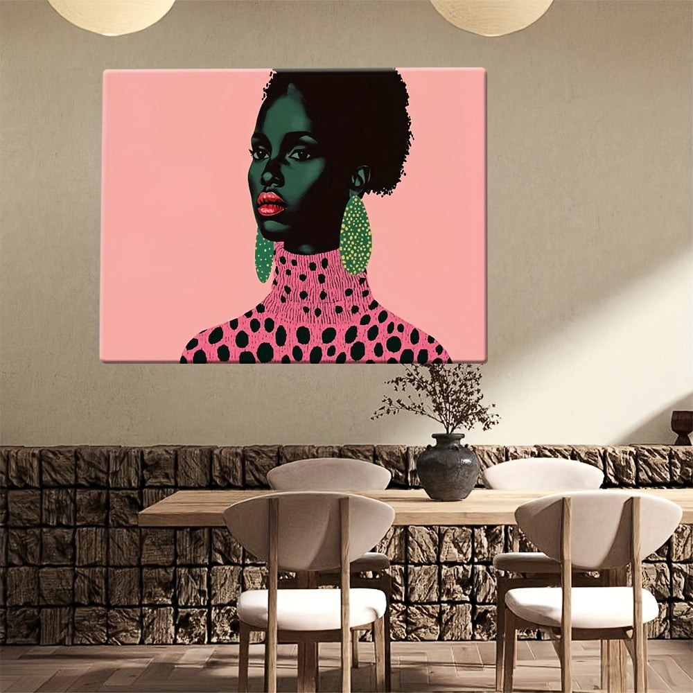 2D Flat, African Woman Portrait Canvas Art - Min Black & Pink Abs Painting with Green Earrings & Polka Dot Necklace, Wooden Framed Ready-to-Hang Decor for Living Room, Bedroom, Office - Unique Gift Idea, Bedroom Enhancement, Mod Aesthetic, Highdefinition