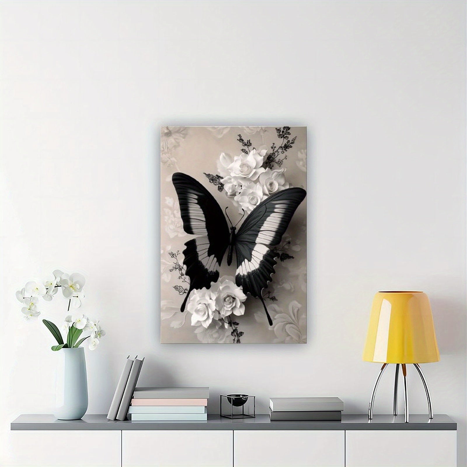 1pc Wooden Framed Wall Art - Eleg Black & White Butterfly with Floral accents, Vertical Hanging Canvas Painting for Living Room, Bedroom, Office, Bathroom - Mother's Day, Birthday, Wedding, Housewarming Gift - Mod Home Decor Decoration, Bedroom Artwork,